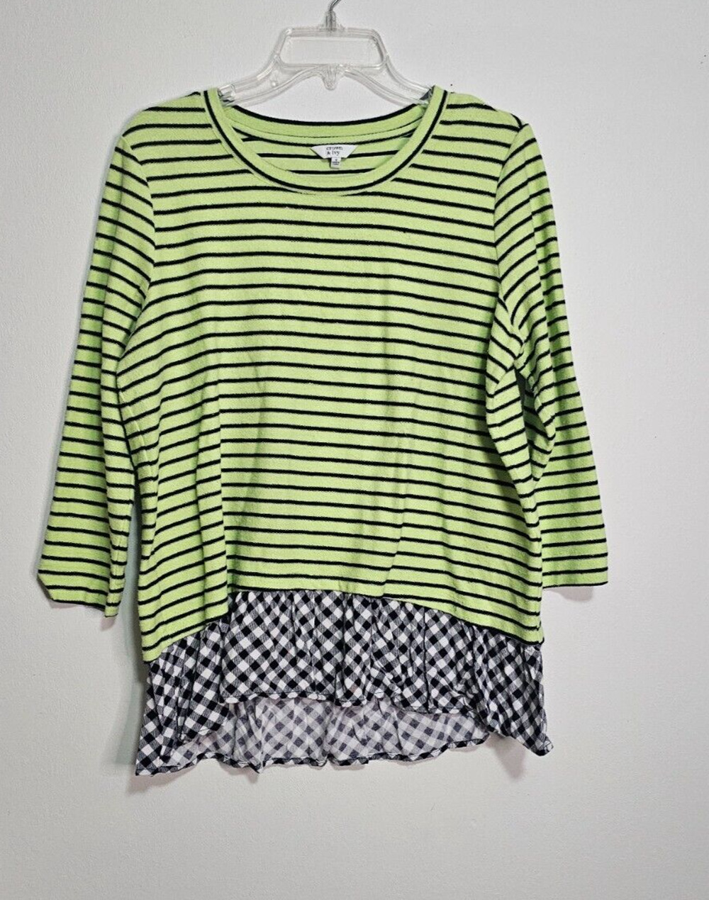 Crown & Ivy Blouse Shirt Green Black Striped Peplum Women's SZ S Ruffle Checker